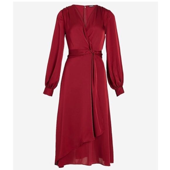 Express Burgundy Satin Long Sleeve Surplice Twist Front High Low Hem Midi Dress - Picture 4 of 17